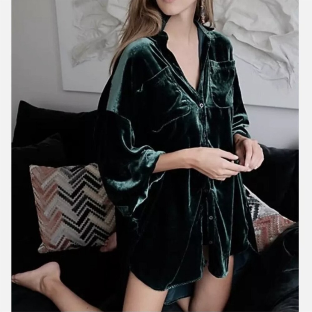 Free People Lux Velvet Shirt Dress Emerald Green Size M‎
